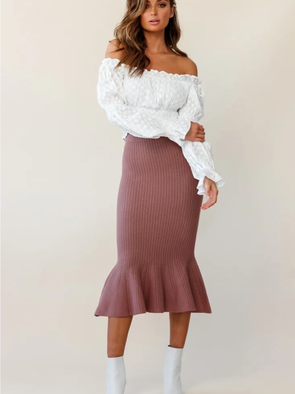 Peppermayo Ribbed Flounce Hem Midi Skirt in Mauve